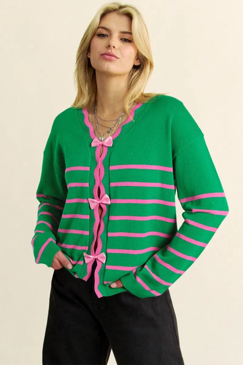 Green Stripe Ribbon Cute Bow Detail Sweater Knit Cardigan - Love Salve